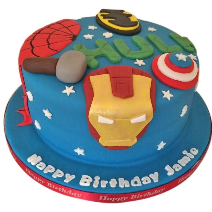 Simply Irresistible Cakes & Catering - MARVEL theme cake. Iron man and Spider-man  cake with captian america shield topper and thor hammer. So rad!!! Caked by  marissa #cakes #marvelcake #marvelthemecake #cakeforboys #ironmancake #